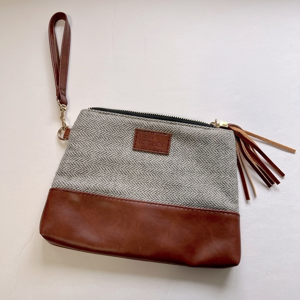 Funky Monkey Clutch Herringbone Gray & Faux Leather Purse 8.5”x6.5” Travel Bag